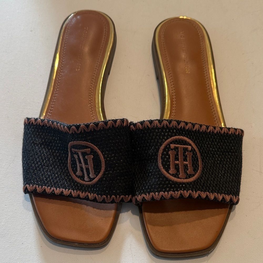 Tommy Hilfiger Black and Brown Slide Sandals